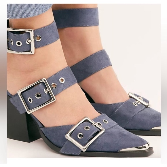 Free People x Jeffrey Campbell Hendrix Blue Suede Heels Cowgirl Boot Strappy 7 - Picture 1 of 13